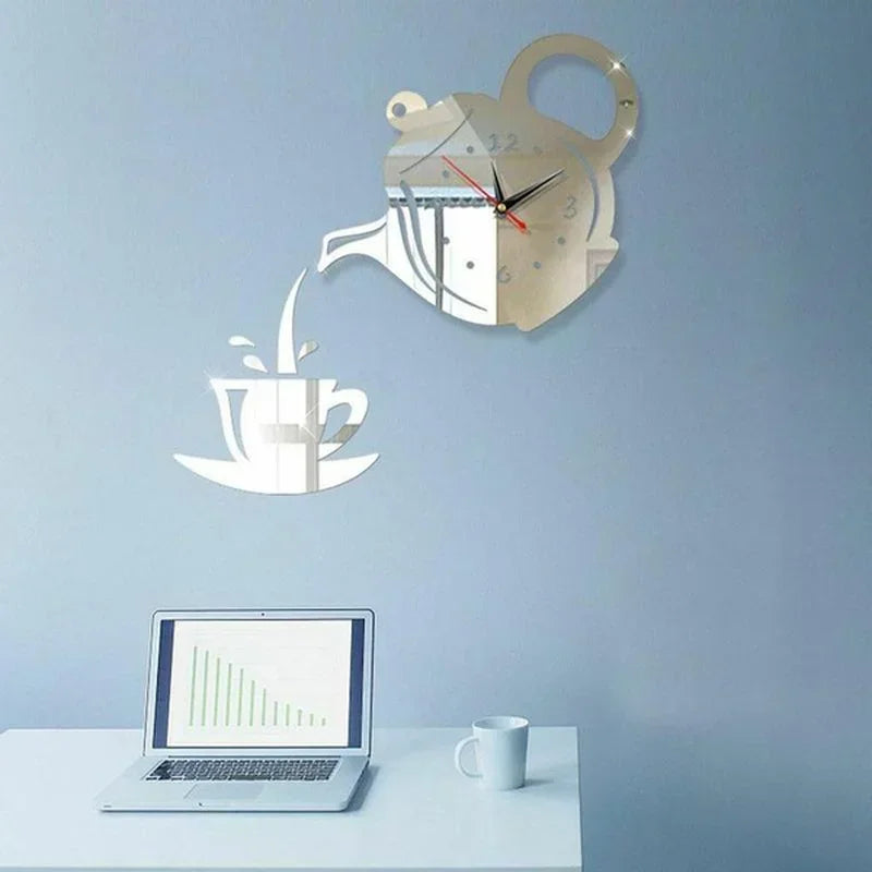 Horloge Murale 3D en Forme de Théière et Tasse à Café – Décoration Créative pour Bureau, Cuisine, Salon et Salle à Manger