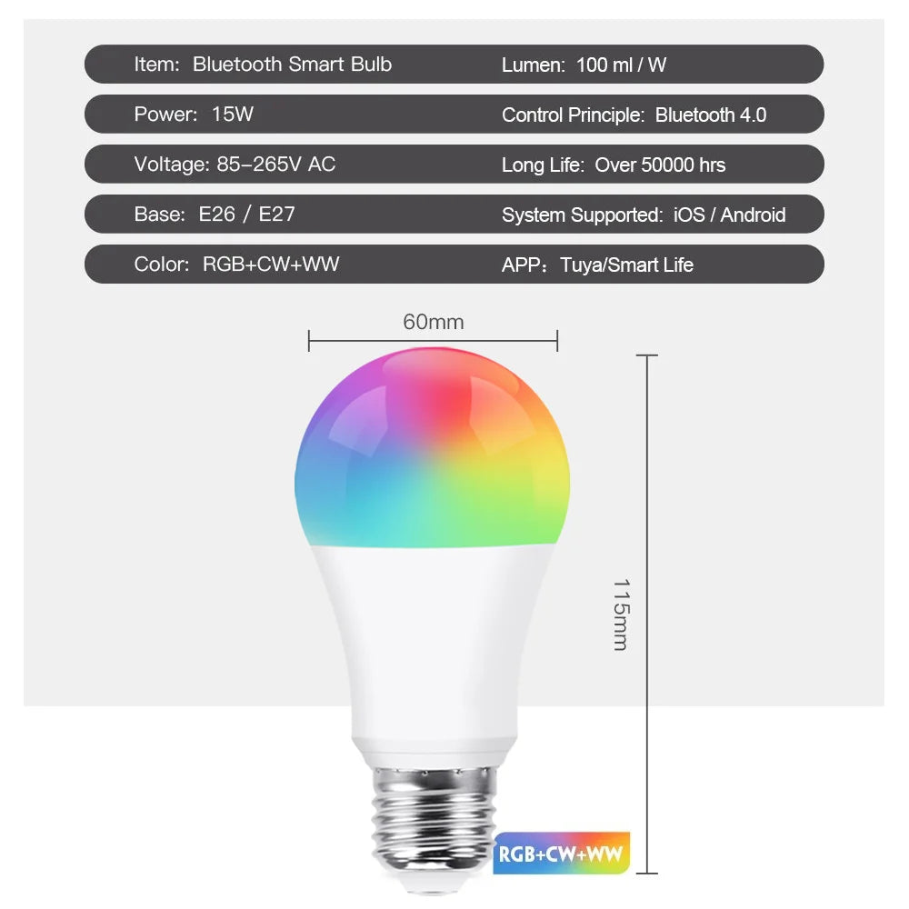 Ampoules LED Bluetooth Intelligentes, Dimmables RGB + CW + WW, Compatible Tuya, 15W