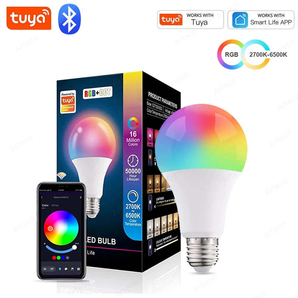 Ampoules LED Bluetooth Intelligentes, Dimmables RGB + CW + WW, Compatible Tuya, 15W