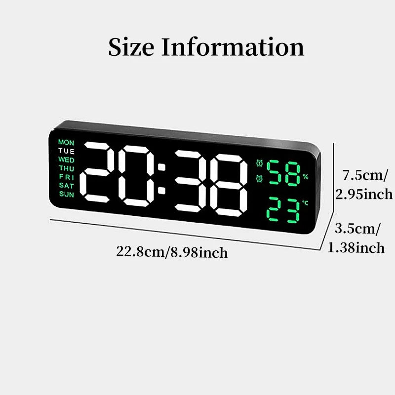 Grande horloge murale numérique DST, alarme LED électronique, variateur automatique, horloge de table, humidité de la semaine, USB, 62TEMP, 9 pouces, 12 H, 24H