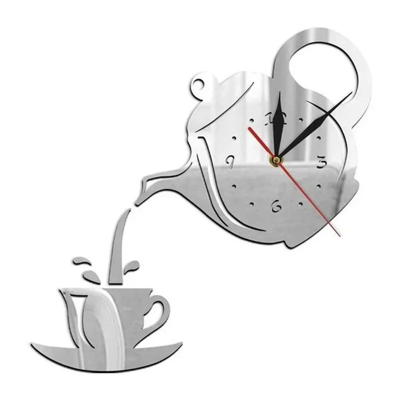 Horloge Murale 3D en Forme de Théière et Tasse à Café – Décoration Créative pour Bureau, Cuisine, Salon et Salle à Manger