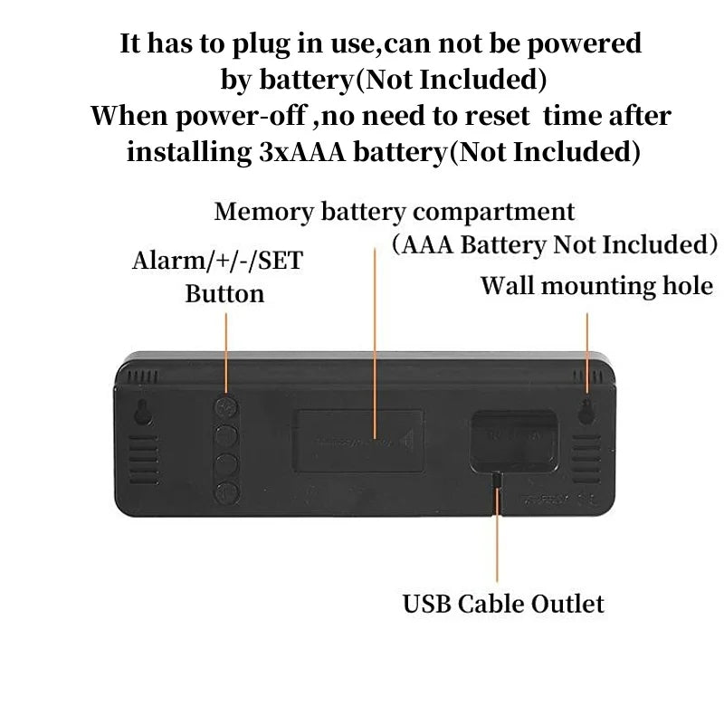 Grande horloge murale numérique DST, alarme LED électronique, variateur automatique, horloge de table, humidité de la semaine, USB, 62TEMP, 9 pouces, 12 H, 24H