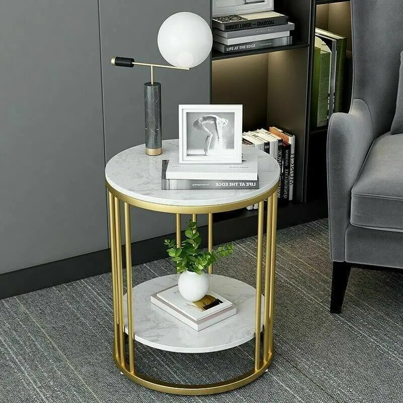 Table d'appoint ronde en marbre blanc, table basse, table de nuit, rangement pour bijoux, 2 niveaux