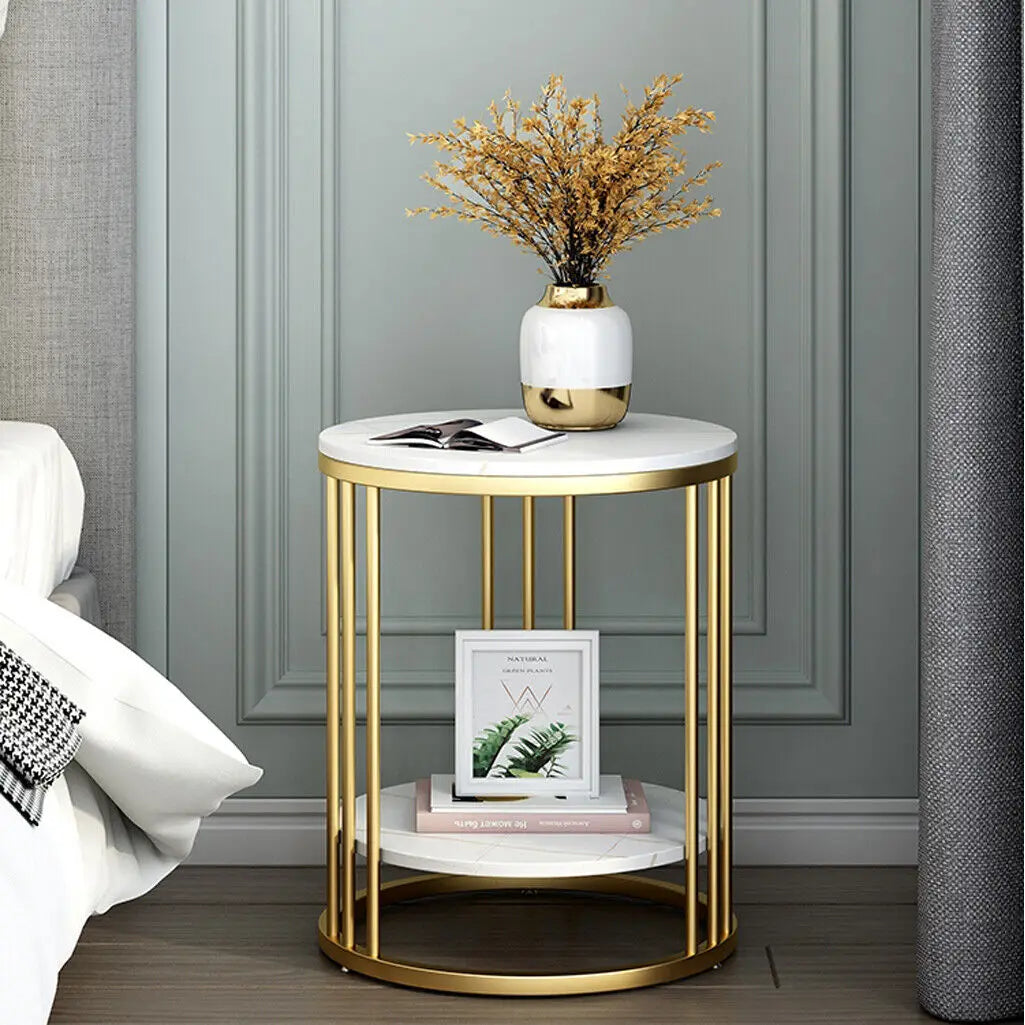 Table d'appoint ronde en marbre blanc, table basse, table de nuit, rangement pour bijoux, 2 niveaux