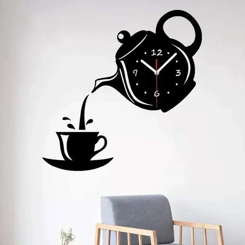 Horloge Murale 3D en Forme de Théière et Tasse à Café – Décoration Créative pour Bureau, Cuisine, Salon et Salle à Manger