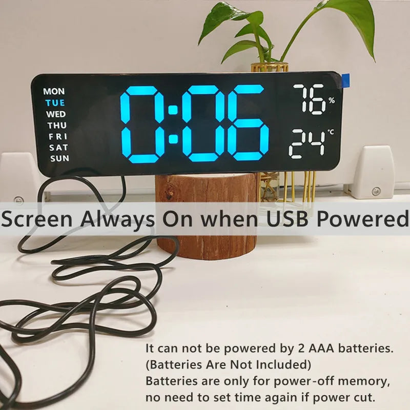 Grande horloge murale numérique DST, alarme LED électronique, variateur automatique, horloge de table, humidité de la semaine, USB, 62TEMP, 9 pouces, 12 H, 24H