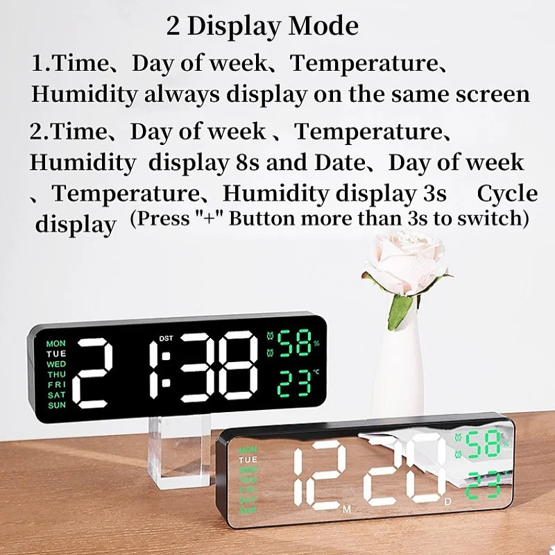 Grande horloge murale numérique DST, alarme LED électronique, variateur automatique, horloge de table, humidité de la semaine, USB, 62TEMP, 9 pouces, 12 H, 24H