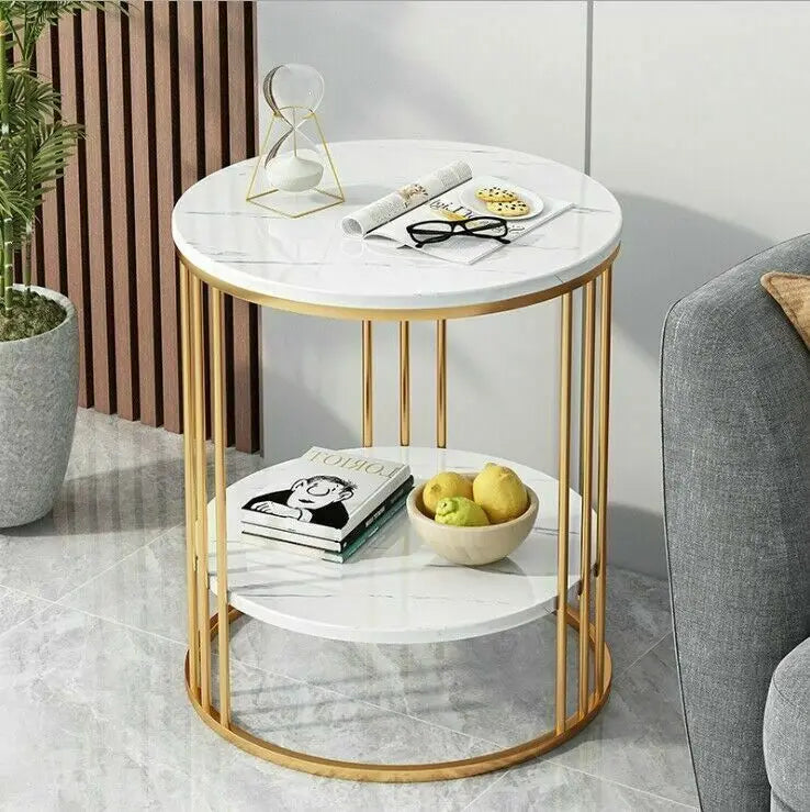 Table d'appoint ronde en marbre blanc, table basse, table de nuit, rangement pour bijoux, 2 niveaux