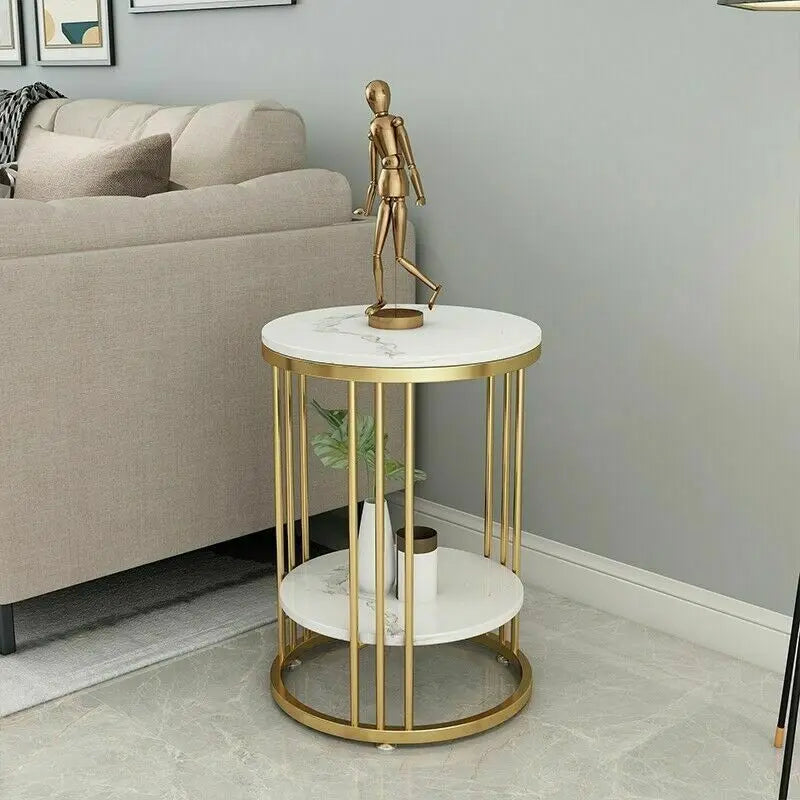 Table d'appoint ronde en marbre blanc, table basse, table de nuit, rangement pour bijoux, 2 niveaux